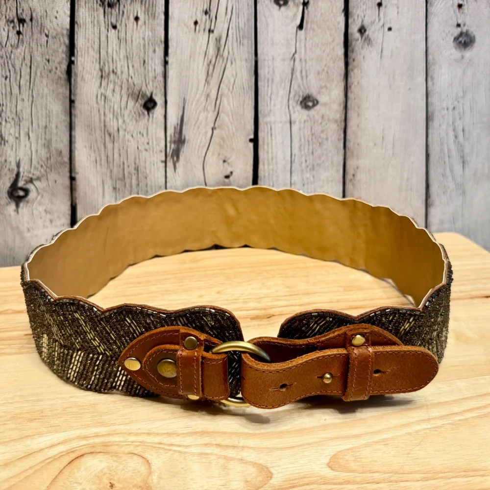 Motif 56 Brown Leather Glass Beaded Scalloped Wide Belt Size Large Statement